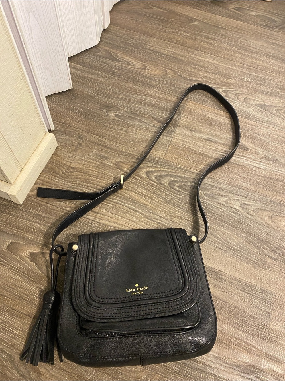 kate spade Black Leather Tassel Crossbody Bag; 9x7